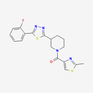molecular formula C18H17FN4OS2 B2538521 (3-(5-(2-Fluorophenyl)-1,3,4-thiadiazol-2-yl)piperidin-1-yl)(2-methylthiazol-4-yl)methanone CAS No. 1219905-98-2