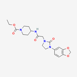 molecular formula C20H26N4O6 B2538540 Ethyl 4-(2-(3-(benzo[d][1,3]dioxol-5-yl)-2-oxoimidazolidin-1-yl)acetamido)piperidine-1-carboxylate CAS No. 1325744-17-9