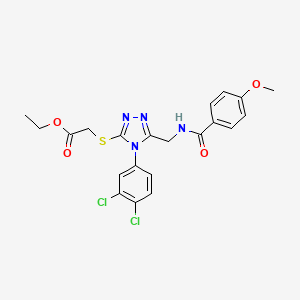 molecular formula C21H20Cl2N4O4S B2538573 ethyl 2-((4-(3,4-dichlorophenyl)-5-((4-methoxybenzamido)methyl)-4H-1,2,4-triazol-3-yl)thio)acetate CAS No. 476433-68-8