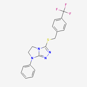 molecular formula C18H15F3N4S B2538575 7-phenyl-3-((4-(trifluoromethyl)benzyl)thio)-6,7-dihydro-5H-imidazo[2,1-c][1,2,4]triazole CAS No. 923108-10-5