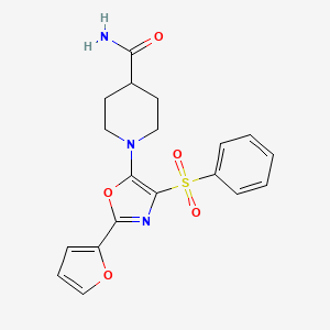 molecular formula C19H19N3O5S B2538576 1-(2-(呋喃-2-基)-4-(苯磺酰基)恶唑-5-基)哌啶-4-甲酰胺 CAS No. 823829-56-7