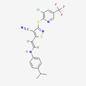 molecular formula C21H16ClF3N4S2 B2538618 3-((3-Chloro-5-(trifluoromethyl)-2-pyridinyl)sulfanyl)-5-(2-(4-isopropylphenylamino)vinyl)-4-isothiazolecarbonitrile CAS No. 338413-02-8