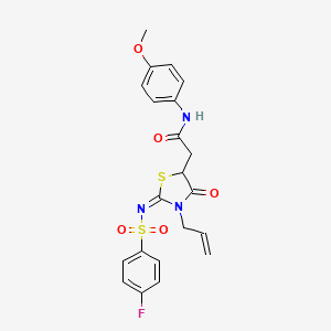 molecular formula C21H20FN3O5S2 B2538672 (E)-2-(3-allyl-2-(((4-fluorophenyl)sulfonyl)imino)-4-oxothiazolidin-5-yl)-N-(4-methoxyphenyl)acetamide CAS No. 853746-85-7