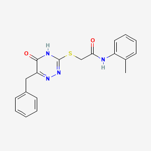 molecular formula C19H18N4O2S B2538687 2-[5-hydroxy-6-benzyl(1,2,4-triazin-3-ylthio)]-N-(2-methylphenyl)acetamide CAS No. 881437-85-0
