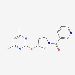 molecular formula C16H18N4O2 B2538705 (3-((4,6-Dimethylpyrimidin-2-yl)oxy)pyrrolidin-1-yl)(pyridin-3-yl)methanone CAS No. 2034498-27-4