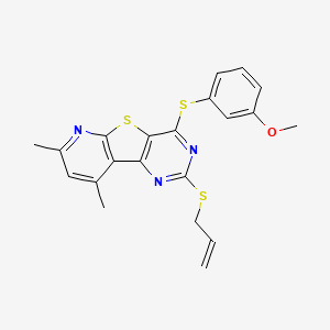 molecular formula C21H19N3OS3 B2538717 2-(烯丙基硫烷基)-4-[(3-甲氧基苯基)硫烷基]-7,9-二甲基吡啶并[3',2':4,5]噻吩并[3,2-d]嘧啶 CAS No. 672950-77-5