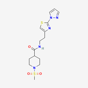 molecular formula C15H21N5O3S2 B2538732 N-(2-(2-(1H-pyrazol-1-yl)thiazol-4-yl)ethyl)-1-(methylsulfonyl)piperidine-4-carboxamide CAS No. 1428355-37-6