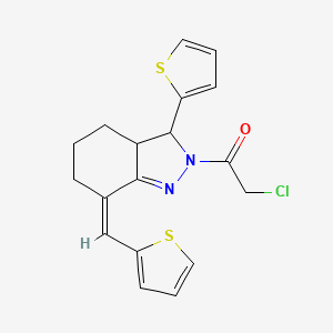 molecular formula C18H17ClN2OS2 B2538734 2-chloro-1-[(7Z)-3-thiophen-2-yl-7-(thiophen-2-ylmethylidene)-3a,4,5,6-tetrahydro-3H-indazol-2-yl]ethanone CAS No. 379725-89-0