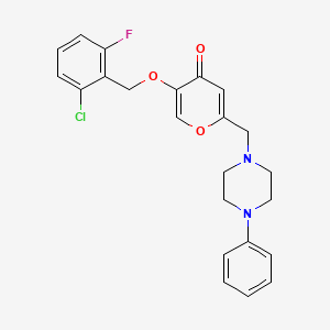 molecular formula C23H22ClFN2O3 B2538759 5-((2-chloro-6-fluorobenzyl)oxy)-2-((4-phenylpiperazin-1-yl)methyl)-4H-pyran-4-one CAS No. 898421-10-8