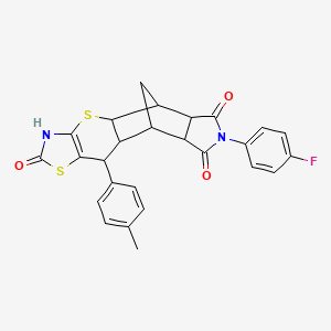 molecular formula C26H21FN2O3S2 B2538760 (4aR,5R,5aR,8aR,9S)-7-(4-fluorophenyl)-10-(p-tolyl)-5,5a,8a,9,9a,10-hexahydro-5,9-methanothiazolo[5',4':5,6]thiopyrano[2,3-f]isoindole-2,6,8(3H,4aH,7H)-trione CAS No. 1177649-23-8