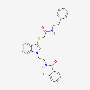 molecular formula C27H26FN3O2S B2538768 2-氟-N-(2-(3-((2-氧代-2-(苯乙胺基)乙基)硫代)-1H-吲哚-1-基)乙基)苯甲酰胺 CAS No. 851714-76-6
