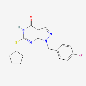 molecular formula C17H17FN4OS B2538803 6-(cyclopentylthio)-1-(4-fluorobenzyl)-1H-pyrazolo[3,4-d]pyrimidin-4(5H)-one CAS No. 1171870-20-4