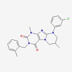 molecular formula C24H24ClN5O2 B2538868 9-(3-chlorophenyl)-1,7-dimethyl-3-(2-methylbenzyl)-6,7,8,9-tetrahydropyrimido[2,1-f]purine-2,4(1H,3H)-dione CAS No. 877617-76-0