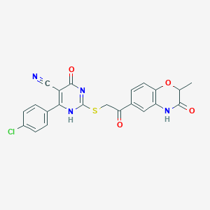 molecular formula C22H15ClN4O4S B253890 6-(4-chlorophenyl)-2-[2-(2-methyl-3-oxo-4H-1,4-benzoxazin-6-yl)-2-oxoethyl]sulfanyl-4-oxo-1H-pyrimidine-5-carbonitrile 