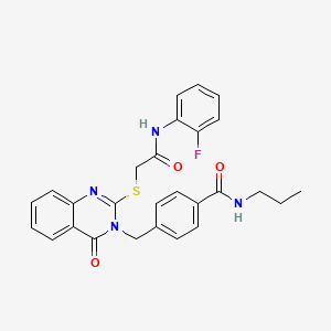 molecular formula C27H25FN4O3S B2538935 4-((2-((2-((2-氟苯基)氨基)-2-氧代乙基)硫)-4-氧代喹唑啉-3(4H)-基)甲基)-N-丙基苯甲酰胺 CAS No. 1115360-13-8