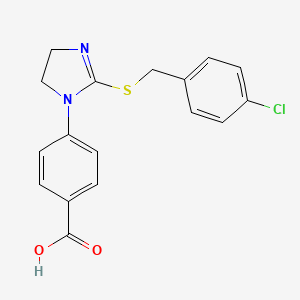 molecular formula C17H15ClN2O2S B2538974 4-[2-[(4-chlorophenyl)methylsulfanyl]-4,5-dihydroimidazol-1-yl]benzoic Acid CAS No. 338772-46-6