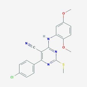molecular formula C20H17ClN4O2S B253899 4-(4-Chlorophenyl)-6-(2,5-dimethoxyanilino)-2-(methylsulfanyl)-5-pyrimidinecarbonitrile 