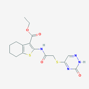 molecular formula C16H18N4O4S2 B253903 Ethyl 2-({[(3-hydroxy-1,2,4-triazin-5-yl)sulfanyl]acetyl}amino)-4,5,6,7-tetrahydro-1-benzothiophene-3-carboxylate 