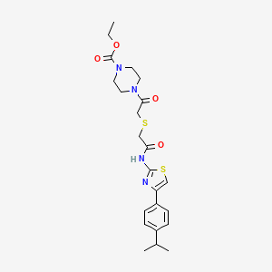 molecular formula C23H30N4O4S2 B2539144 Ethyl 4-(2-((2-((4-(4-isopropylphenyl)thiazol-2-yl)amino)-2-oxoethyl)thio)acetyl)piperazine-1-carboxylate CAS No. 681223-93-8