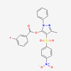 molecular formula C23H16FN3O6S B2539154 3-methyl-4-((4-nitrophenyl)sulfonyl)-1-phenyl-1H-pyrazol-5-yl 3-fluorobenzoate CAS No. 851093-84-0