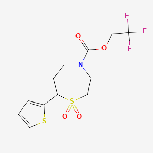 molecular formula C12H14F3NO4S2 B2539157 2,2,2-Trifluoroethyl 7-(thiophen-2-yl)-1,4-thiazepane-4-carboxylate 1,1-dioxide CAS No. 2034421-69-5