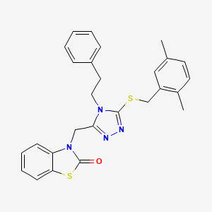 molecular formula C27H26N4OS2 B2539176 3-((5-((2,5-二甲苯甲基)硫代)-4-苯乙烯基-4H-1,2,4-三唑-3-基)甲基)苯并[d]噻唑-2(3H)-酮 CAS No. 847402-62-4