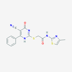 molecular formula C17H13N5O2S2 B253924 2-[(5-cyano-4-oxo-6-phenyl-1H-pyrimidin-2-yl)sulfanyl]-N-(4-methyl-1,3-thiazol-2-yl)acetamide 