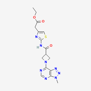 molecular formula C16H18N8O3S B2539297 ethyl 2-(2-(1-(3-methyl-3H-[1,2,3]triazolo[4,5-d]pyrimidin-7-yl)azetidine-3-carboxamido)thiazol-4-yl)acetate CAS No. 1448067-53-5