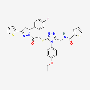 molecular formula C31H27FN6O3S3 B2539308 N-[[4-(4-ethoxyphenyl)-5-[2-[3-(4-fluorophenyl)-5-thiophen-2-yl-3,4-dihydropyrazol-2-yl]-2-oxoethyl]sulfanyl-1,2,4-triazol-3-yl]methyl]thiophene-2-carboxamide CAS No. 362508-98-3