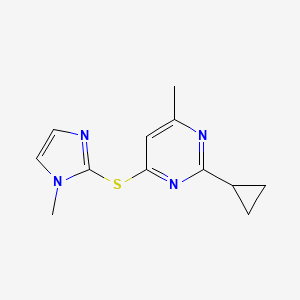 molecular formula C12H14N4S B2539389 2-cyclopropyl-4-methyl-6-((1-methyl-1H-imidazol-2-yl)thio)pyrimidine CAS No. 2320514-23-4