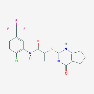 molecular formula C17H15ClF3N3O2S B253949 N-[2-chloro-5-(trifluoromethyl)phenyl]-2-[(4-oxo-1,5,6,7-tetrahydrocyclopenta[d]pyrimidin-2-yl)sulfanyl]propanamide 