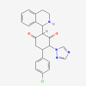 molecular formula C23H21ClN4O2 B2539541 5-(4-Chlorophenyl)-2-(1,2,3,4-tetrahydroisoquinolin-1-yl)-4-(1,2,4-triazol-1-yl)cyclohexane-1,3-dione CAS No. 1005068-84-7