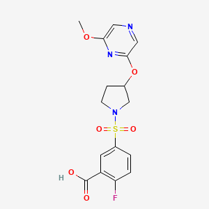 molecular formula C16H16FN3O6S B2539548 2-Fluoro-5-((3-((6-methoxypyrazin-2-yl)oxy)pyrrolidin-1-yl)sulfonyl)benzoic acid CAS No. 2034399-61-4