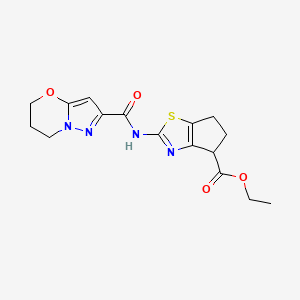 molecular formula C16H18N4O4S B2539575 ethyl 2-(6,7-dihydro-5H-pyrazolo[5,1-b][1,3]oxazine-2-carboxamido)-5,6-dihydro-4H-cyclopenta[d]thiazole-4-carboxylate CAS No. 1448134-42-6