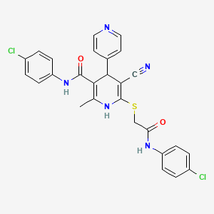 molecular formula C27H21Cl2N5O2S B2539579 6-[2-(4-氯苯胺)-2-氧代乙基]硫代基-N-(4-氯苯基)-5-氰基-2-甲基-4-吡啶-4-基-1,4-二氢吡啶-3-甲酰胺 CAS No. 370845-99-1