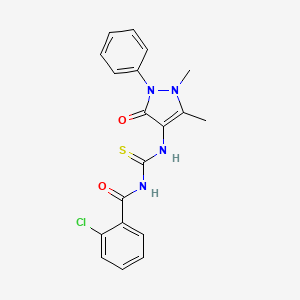 molecular formula C19H17ClN4O2S B2539620 2-chloro-N-((1,5-dimethyl-3-oxo-2-phenyl-2,3-dihydro-1H-pyrazol-4-yl)carbamothioyl)benzamide CAS No. 446310-60-7