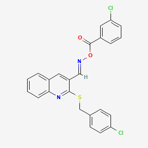 molecular formula C24H16Cl2N2O2S B2539634 3-({[(3-Chlorobenzoyl)oxy]imino}methyl)-2-[(4-chlorobenzyl)sulfanyl]quinoline CAS No. 551921-75-6