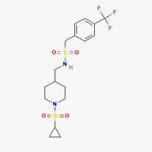 molecular formula C17H23F3N2O4S2 B2539650 N-((1-(环丙基磺酰基)哌啶-4-基)甲基)-1-(4-(三氟甲基)苯基)甲磺酰胺 CAS No. 1396783-01-9