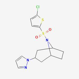 molecular formula C14H16ClN3O2S2 B2539660 (1R,5S)-8-((5-chlorothiophen-2-yl)sulfonyl)-3-(1H-pyrazol-1-yl)-8-azabicyclo[3.2.1]octane CAS No. 2310206-37-0