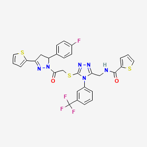 molecular formula C30H22F4N6O2S3 B2539734 N-((5-((2-(5-(4-fluorophenyl)-3-(thiophen-2-yl)-4,5-dihydro-1H-pyrazol-1-yl)-2-oxoethyl)thio)-4-(3-(trifluoromethyl)phenyl)-4H-1,2,4-triazol-3-yl)methyl)thiophene-2-carboxamide CAS No. 362508-02-9