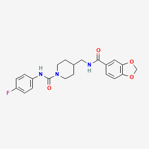 molecular formula C21H22FN3O4 B2539760 4-((苯并[d][1,3]二氧杂环戊-5-甲酰胺)甲基)-N-(4-氟苯基)哌啶-1-甲酰胺 CAS No. 1234813-49-0