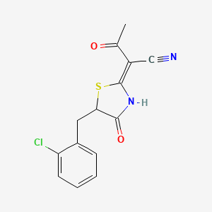 molecular formula C14H11ClN2O2S B2539832 (Z)-2-(5-(2-chlorobenzyl)-4-oxothiazolidin-2-ylidene)-3-oxobutanenitrile CAS No. 799826-32-7