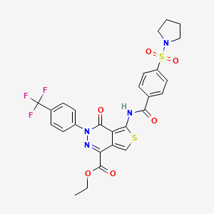molecular formula C27H23F3N4O6S2 B2539901 Ethyl 4-oxo-5-[(4-pyrrolidin-1-ylsulfonylbenzoyl)amino]-3-[4-(trifluoromethyl)phenyl]thieno[3,4-d]pyridazine-1-carboxylate CAS No. 896677-13-7