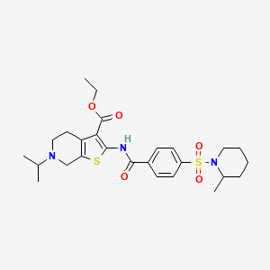 molecular formula C26H35N3O5S2 B2539922 Ethyl 6-isopropyl-2-(4-((2-methylpiperidin-1-yl)sulfonyl)benzamido)-4,5,6,7-tetrahydrothieno[2,3-c]pyridine-3-carboxylate CAS No. 449768-25-6