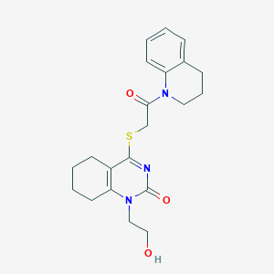 molecular formula C21H25N3O3S B2540012 4-((2-(3,4-dihydroquinolin-1(2H)-yl)-2-oxoethyl)thio)-1-(2-hydroxyethyl)-5,6,7,8-tetrahydroquinazolin-2(1H)-one CAS No. 941888-10-4