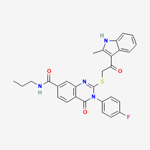 molecular formula C29H25FN4O3S B2540019 3-(4-fluorophenyl)-2-((2-(2-methyl-1H-indol-3-yl)-2-oxoethyl)thio)-4-oxo-N-propyl-3,4-dihydroquinazoline-7-carboxamide CAS No. 1113137-21-5