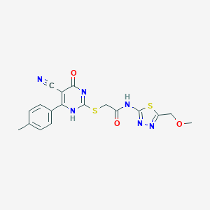 molecular formula C18H16N6O3S2 B254015 2-[[5-cyano-6-(4-methylphenyl)-4-oxo-1H-pyrimidin-2-yl]sulfanyl]-N-[5-(methoxymethyl)-1,3,4-thiadiazol-2-yl]acetamide 