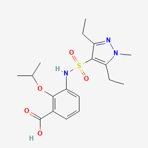 molecular formula C18H25N3O5S B2540152 3-[(3,5-Diethyl-1-methylpyrazol-4-yl)sulfonylamino]-2-propan-2-yloxybenzoic acid CAS No. 2445792-49-2