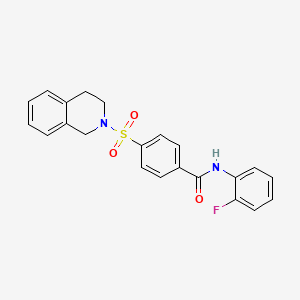molecular formula C22H19FN2O3S B2540168 4-((3,4-dihydroisoquinolin-2(1H)-yl)sulfonyl)-N-(2-fluorophenyl)benzamide CAS No. 391876-86-1