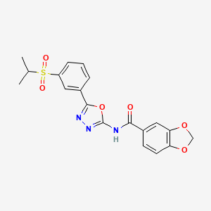 molecular formula C19H17N3O6S B2540170 N-(5-(3-(isopropylsulfonyl)phenyl)-1,3,4-oxadiazol-2-yl)benzo[d][1,3]dioxole-5-carboxamide CAS No. 921906-05-0